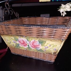 Wrought Iron And Wicker Basket With Hand Painted Roses On Metal Plate